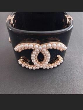 Pearl Accent Black Cuff Bracelet with Gold-Tone Logo